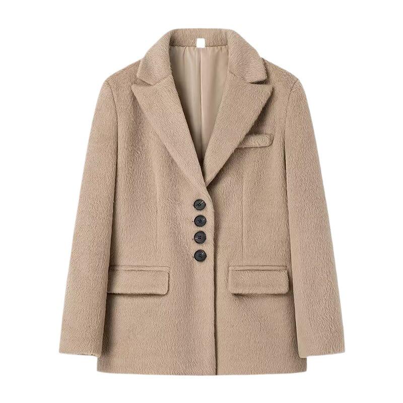 2024 Rose Pink Long-Haired Suit Jacket: European American Women's Street Fashion