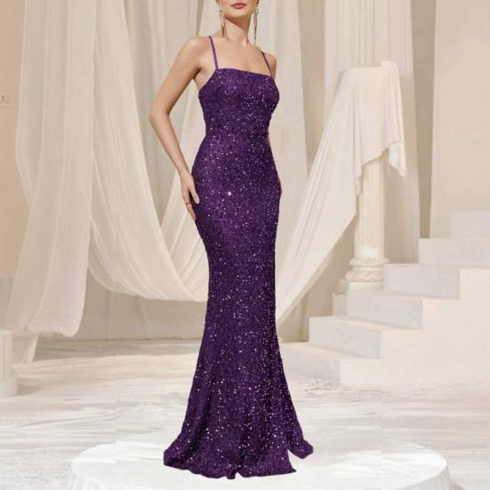 Women's Sparkly Sequin Long Formal Dress Square Neck Backless Split Mermaid Prom Dress Spaghetti Strap Evening Party Gown
