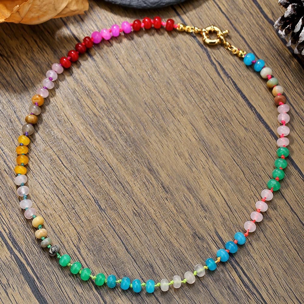 Natural Stone Colorful Beaded Necklace With Stainless Steel Chain For Women