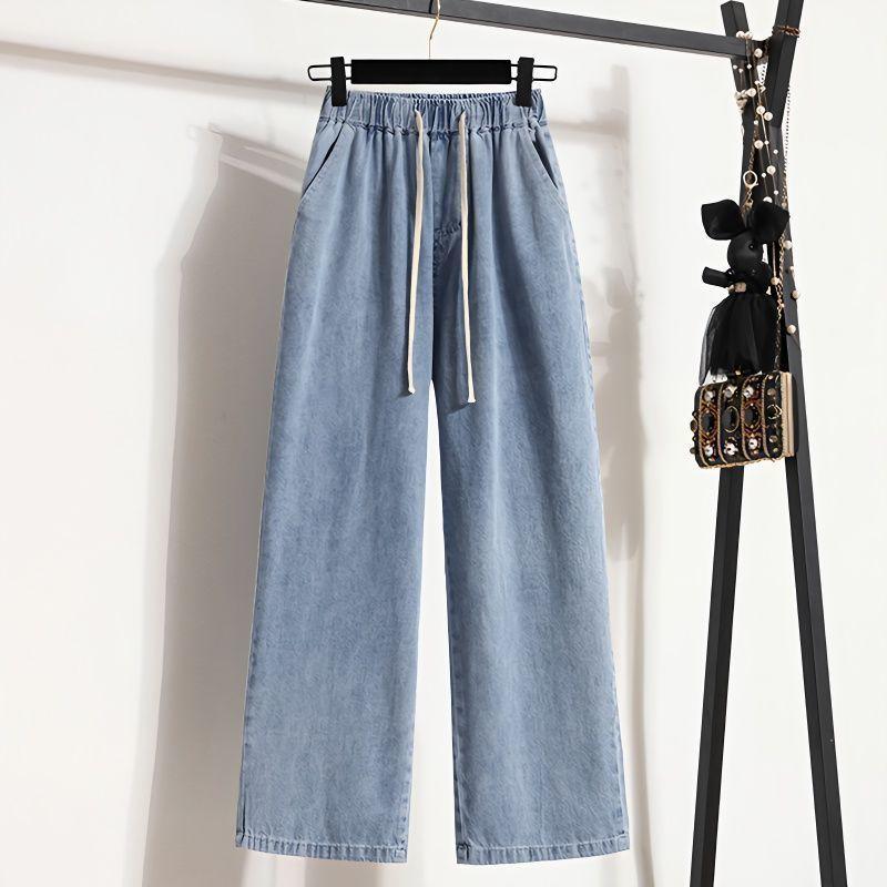 Damen Frühlings- und Sommer-Jeans mit mittlerer Taille, locker, lässig, für Studenten, elastischer Bund, einfarbig, gerade Hosen