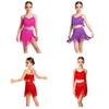 Kids Girls Rhinestone Latin Dance Outfit V Neck Sleeveless Crisscross Back Fringe Crop Top with Tiered Tassel Skirt for Competition
