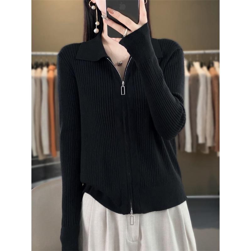 

Осень и зима новый кардиган вязаный жакет с воротником поло, лацканами и длинными рукавами, на двойной молнии, свитер, топ, новая рубашка XXL чёрный