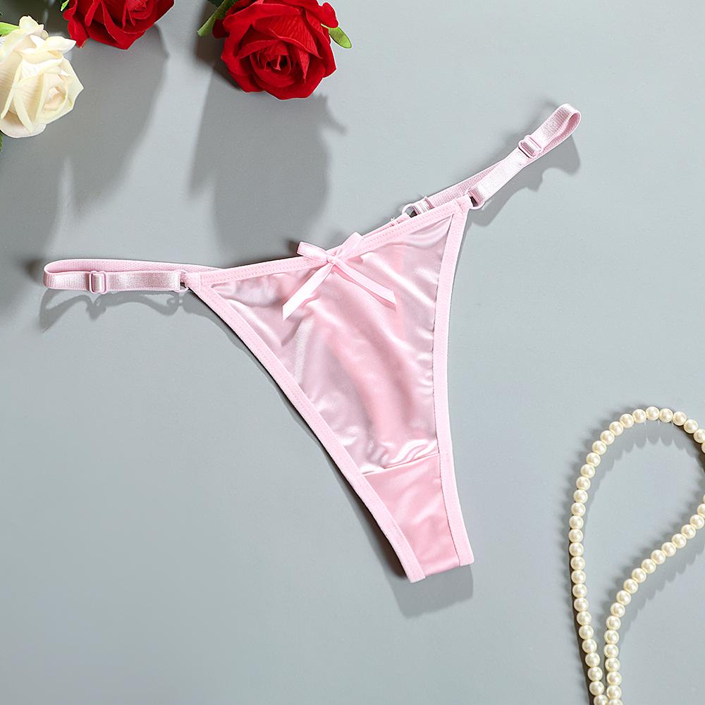 Women's Thong Adjustable Waistband Glossy Satin Solid Color Underwear Low Waist Smooth Silk Bowknot Female Underpants