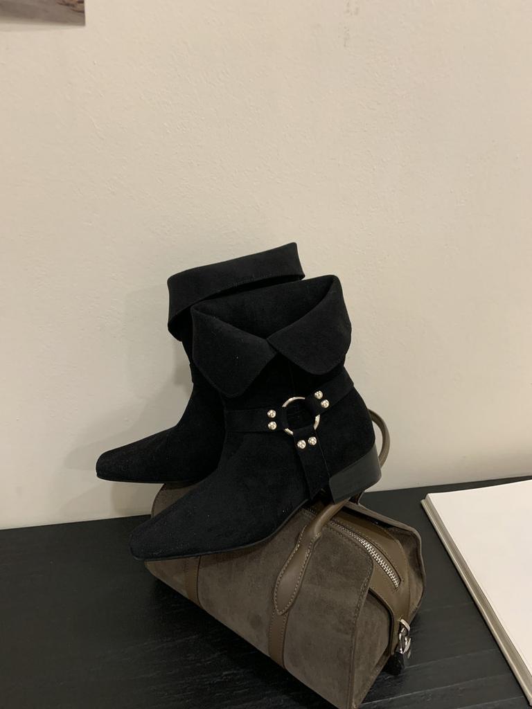 2025 New European and American Small Square Head Metal Buckle Thick Heel Short Boots Women's Fashion Suede Western Boots Medium Boots Short Boots