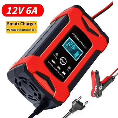 12V 6A Car Motorcycle Battery Charger 110V 220V Full Automatic Intelligent Pulse Repair Fast Charging for Wet Dry Lead Acid Battery Repair with LCD