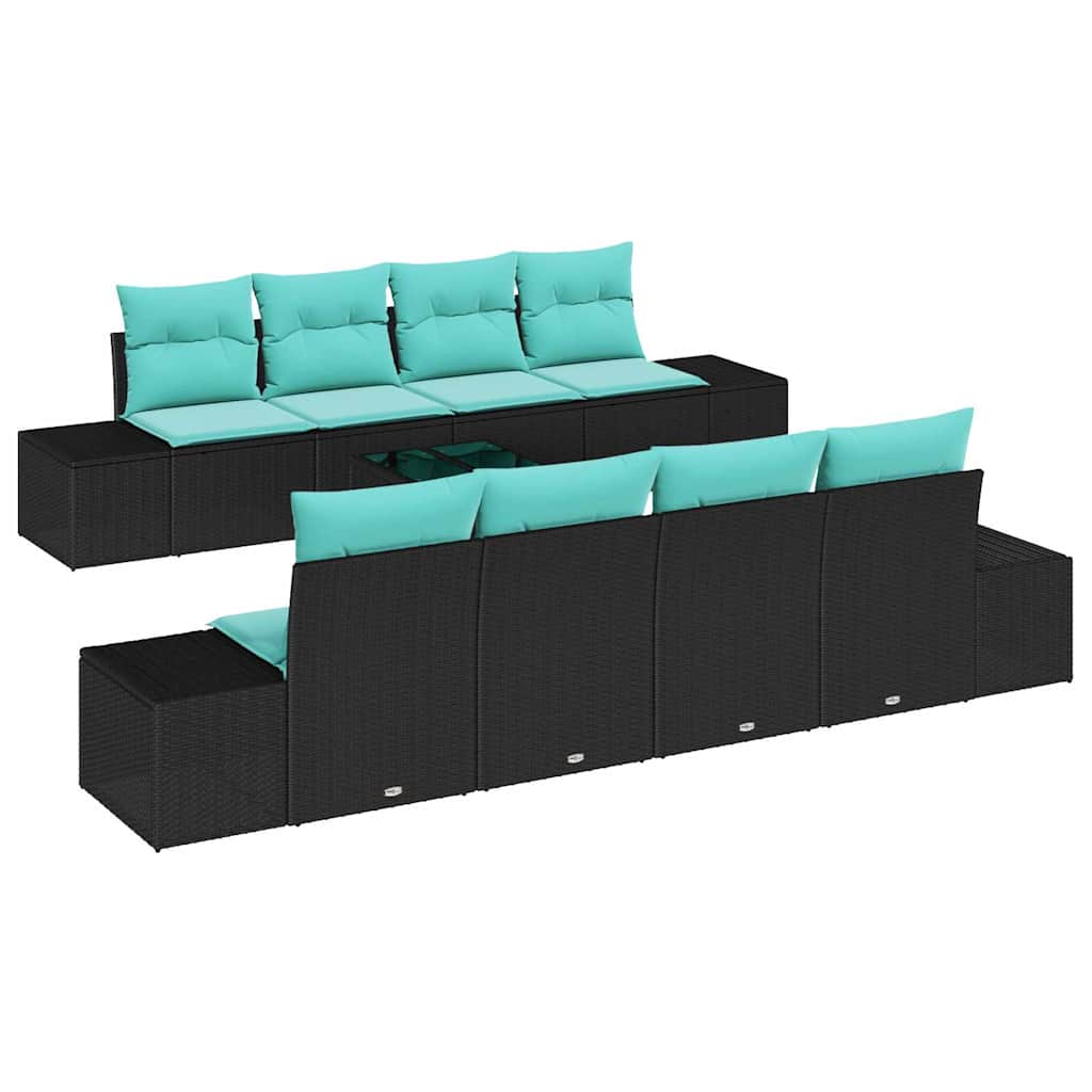 Garden Sofa Set 9 pcs Black and Turquoise Poly Rattan