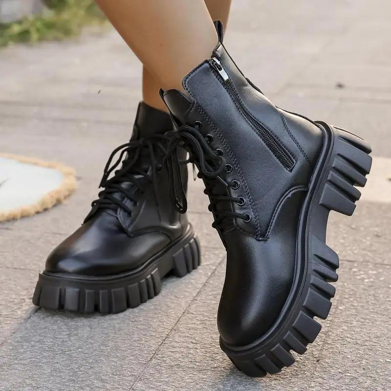 Punk Solid Black Lace Up Riding Boots Women 2025 Winter Thick Bottom High Heel Ankle Boots Side Zip Decoration Shoes