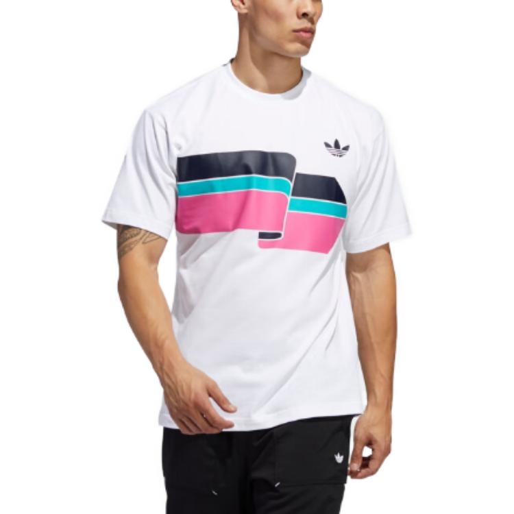 Adidas Originals T Shirts Men's White Pink Crew Neck Moderate Straight Fit FM1531