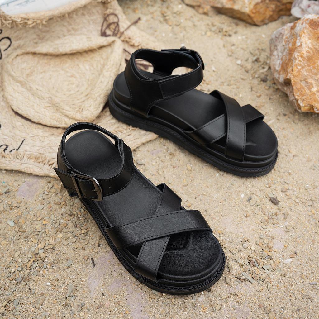2025 Sommer Damenschuhe in Übergröße Römersandalen mit dicker Sohle für draußen Damen Cross einfarbig Schnalle Muffinsohle Einzelne Schuhe