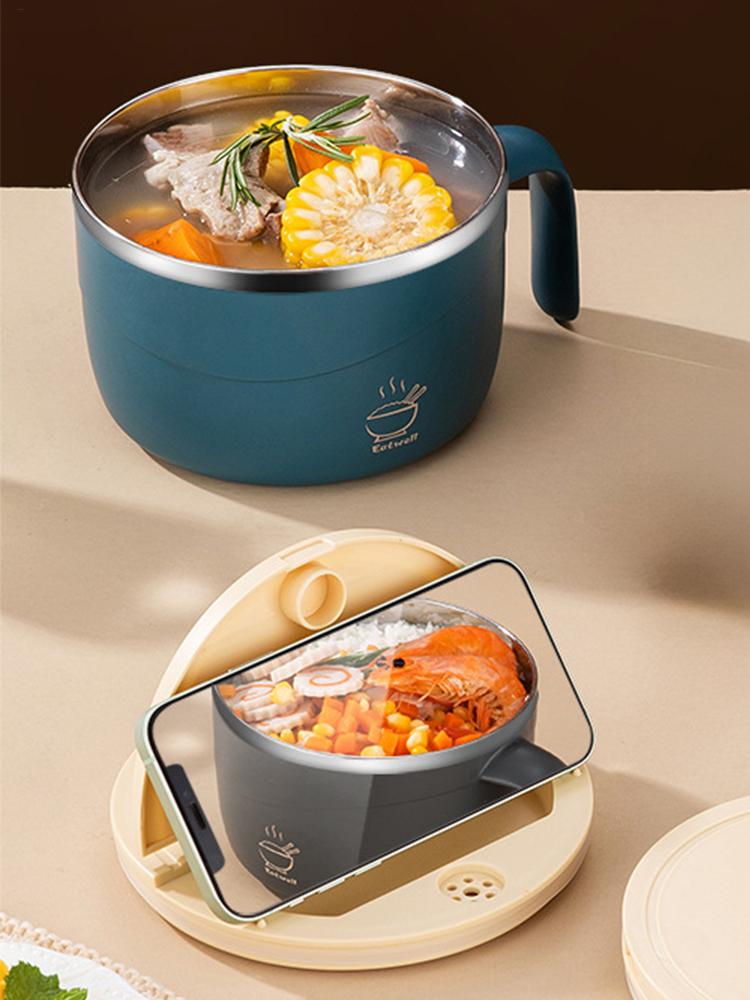 Noodle Bowl Cooker 1200ml Anti-Scalding Soup Mugs with Lid and Fork 304 Stainless Steel Lunch Bowl for Kitchen Pho Soup Pasta