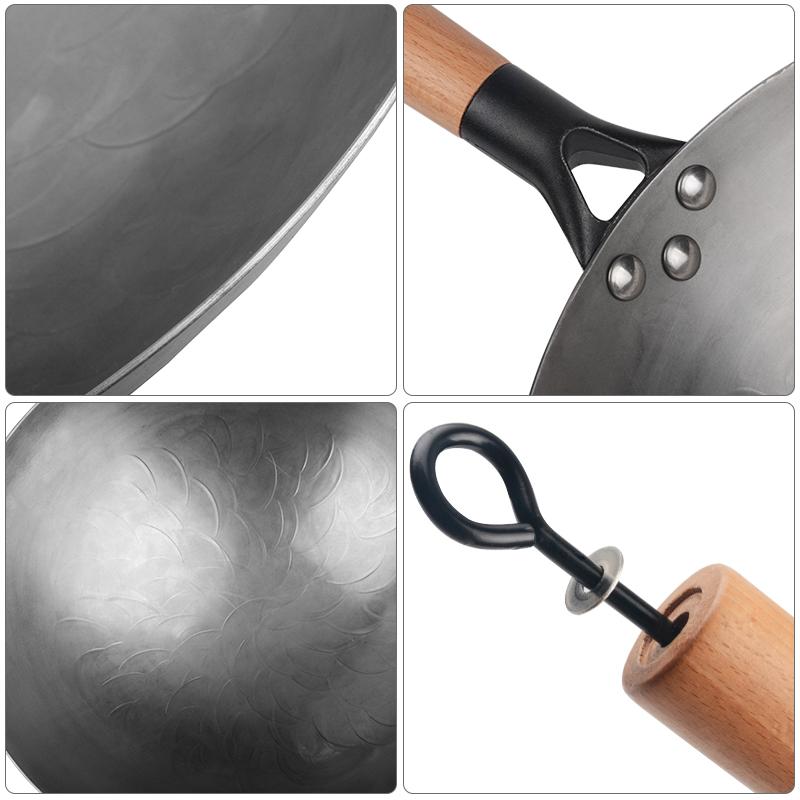 Fypo Handmade Chinese Cast Iron Wok Smokless Cookware Uncoated Iron Pot Frying Pan Non-Stick Kitchen Pot Skillet Wok
