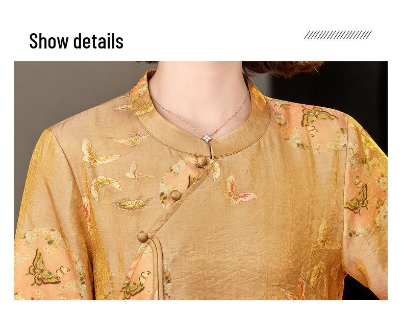 Stylish Mid-Sleeve Chinese Style Summer Top for Middle-Aged Women