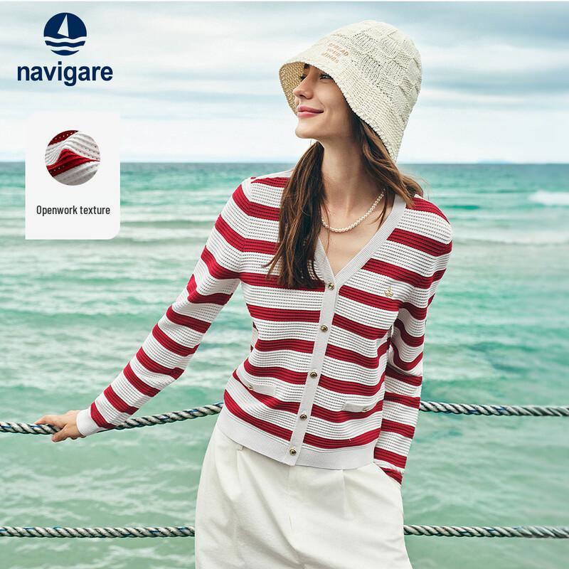 Navigare Women s Striped V-Neck Hollow Knit Cardigan S