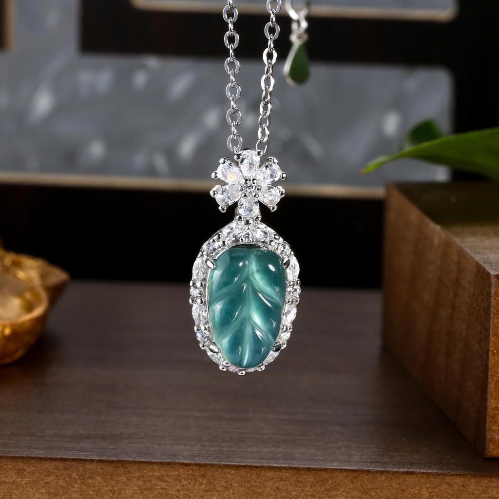 Burmese Blue Water Jade Gourd Pendant Necklace with S925 Silver - Chinese Style for Women