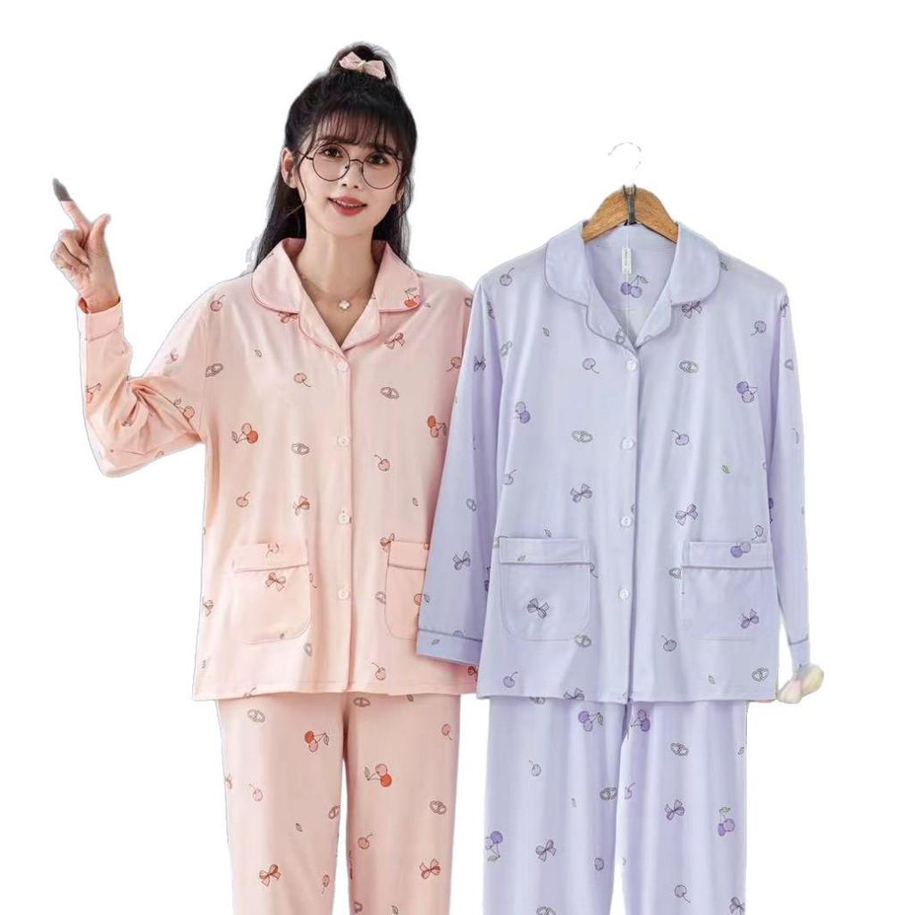 Dingdang Guifei Women's Comfy Two-Piece Pajamas Set: Turn-Down Collar, Long Sleeve Top & Pants for Autumn/Winter