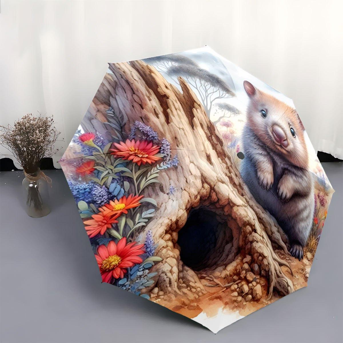 

Wombat & Forest Folding Umbrella - Auto-Open/Close Compact Portable Umbrella with Wombat-Shaped Hollow for s &, Christmas Gift (as the picture,Iron&8K)