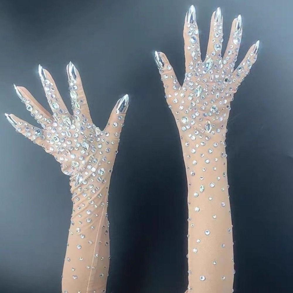 Lyxiga Kristallnätshandskar Långa Genomskinliga Handskar Dansare Sångare Scenkläder Accessoarer