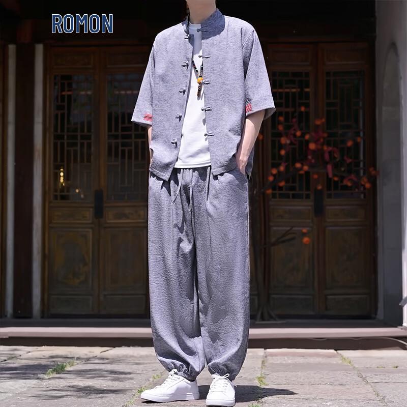 ROMON Men s New Chinese Style Ice Silk Outfit 2XL