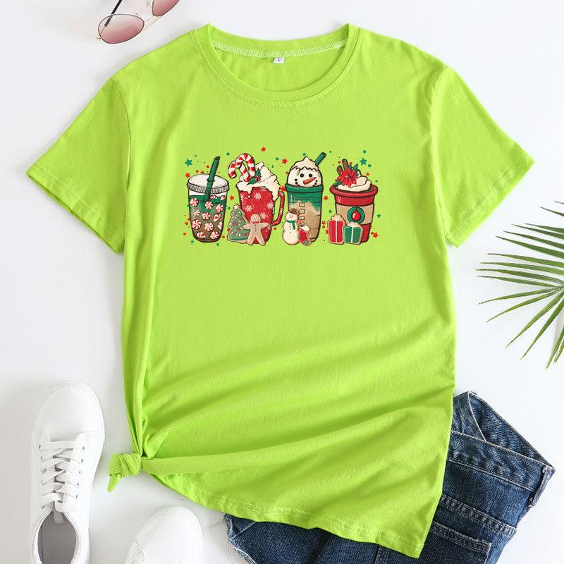 Summer Loose Christmas Print Pure Cotton Round Neck Short Sleeved T-Shirts Women’s