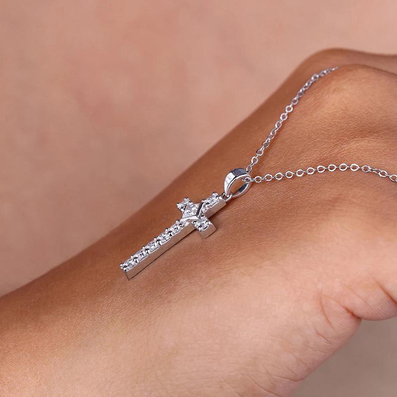 Silver Tone Pave Crystal Cross Pendant Necklace for Women, Elegant Religious Faith Jewelry