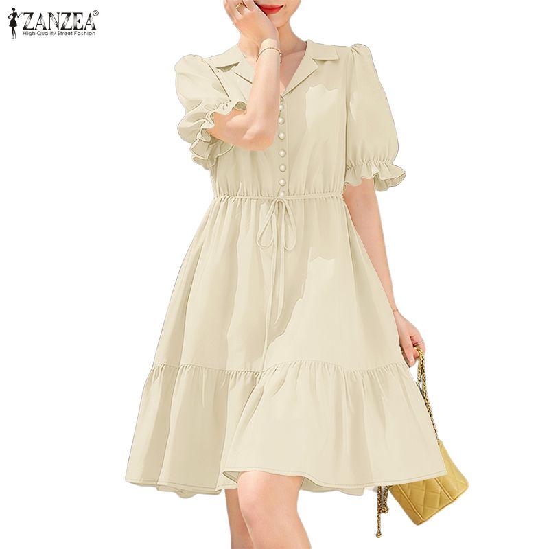 ZANZEA Women Casual Turn Down Collar Summer Short Sleeve Dress