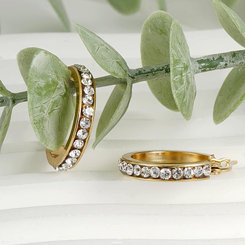 Náušnice z nerezové oceli s 18K zlatem a kulatými diamanty - Evropská a americká móda Dámské náušnice