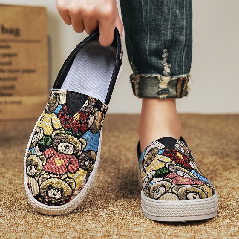 2024 Spring New Shoes for Men Casual Shoes Bear Print Flat Shoes Youth Street Cool Slip-on Loafers