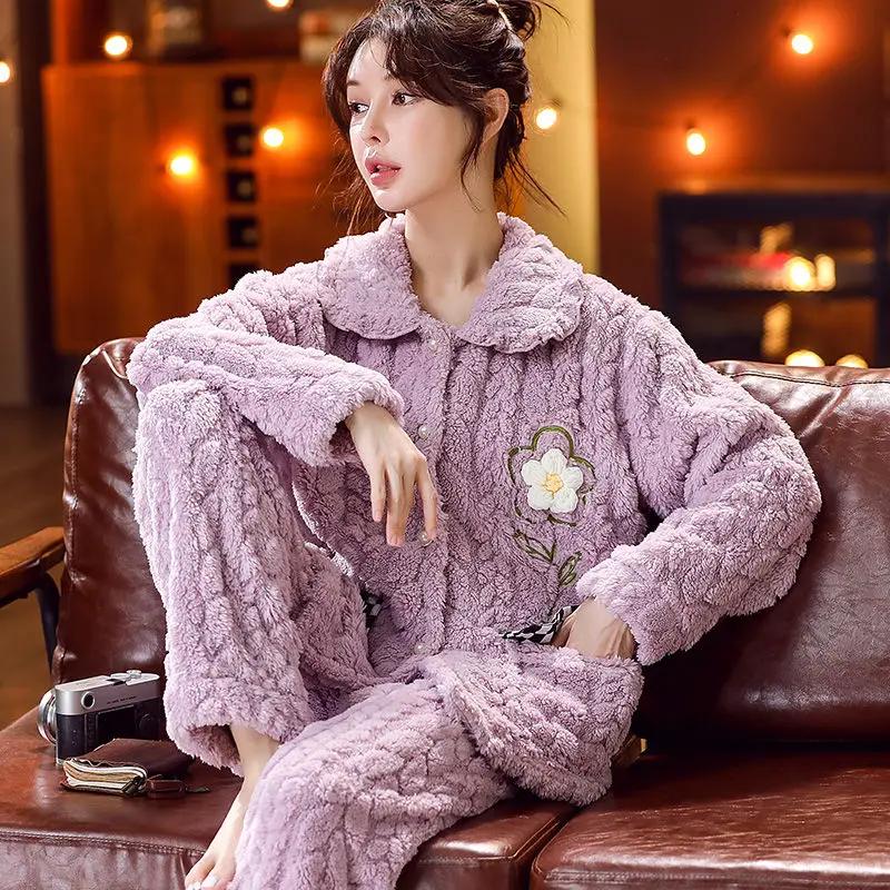 Winter Pajamas Ladies Coral Velvet Flannel Thickened Plus Sleepwear Women Household Clothing Set Famale Zipper Suit Outsidewear