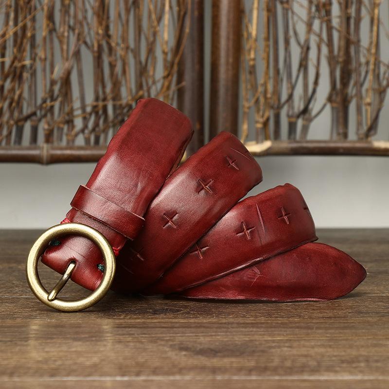 

Ремень мужской модный уникальный первый слой кожи натуральная кожа корейский ретро с круглой пряжкой ремень из чистой коровьей кожи 120cm