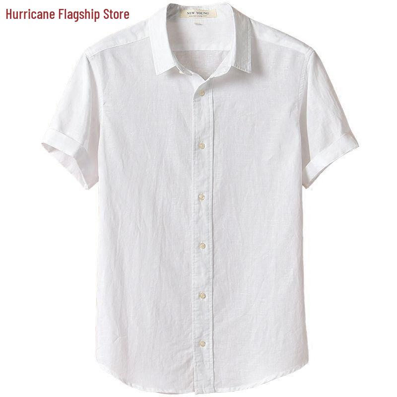 Men's Slim Fit Short Sleeve Breathable Linen Shirt - Summer Casual Lapel Top, White