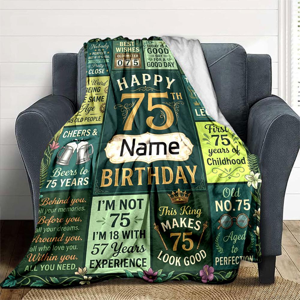 75Th Birthday Celebration Blanket Personalized Name Soft Warm And Versatile For Sofa Bed Office And Travel Machine Washable Comfortable In All Seasons