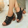 Roman Sandals Summer New Round Toe Open Toe Cutout Front Lace-Up Car Stitch Non-Slip Block Heel Shoes