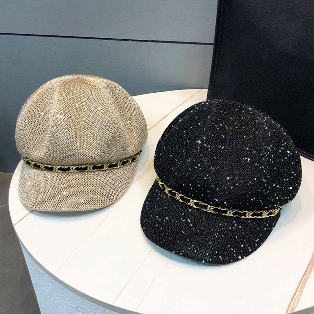 Leather Buckle Hollow Octagonal Hat Sun Protection Peaked Cap Breathable Hat  Spring Summer
