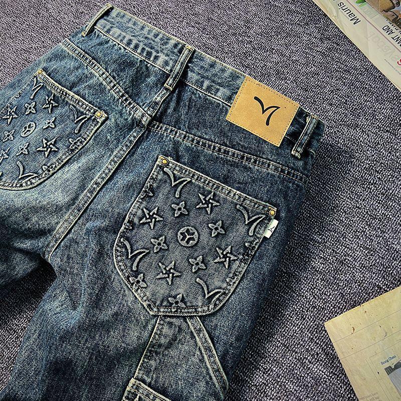JYL Men's Straight Jeans Autumn Vintage Embossed Washed Loose Patchwork Denim