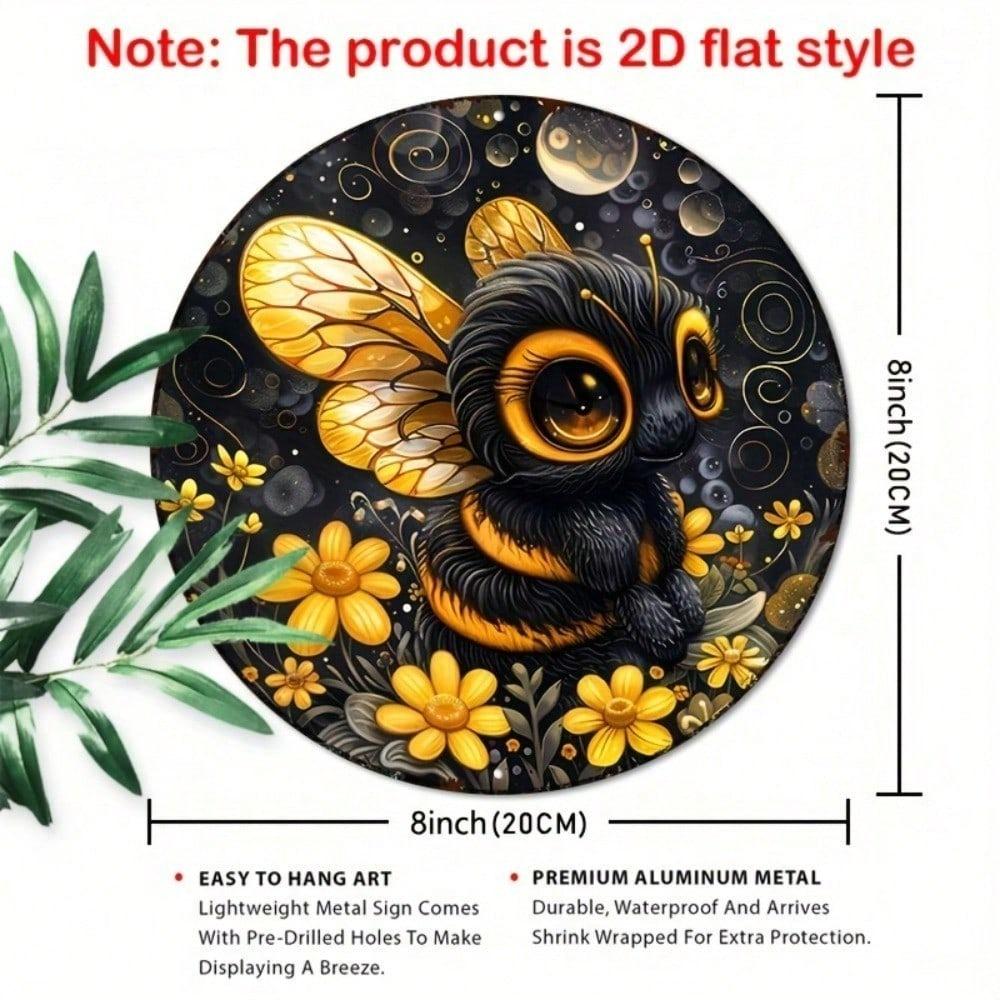 HOLIDAYARTS Round Metal Sign Bee Honey Flower Farmhouse Wall Decor, 2D Aluminum Art for Kitchen Office Cafe, Rustic