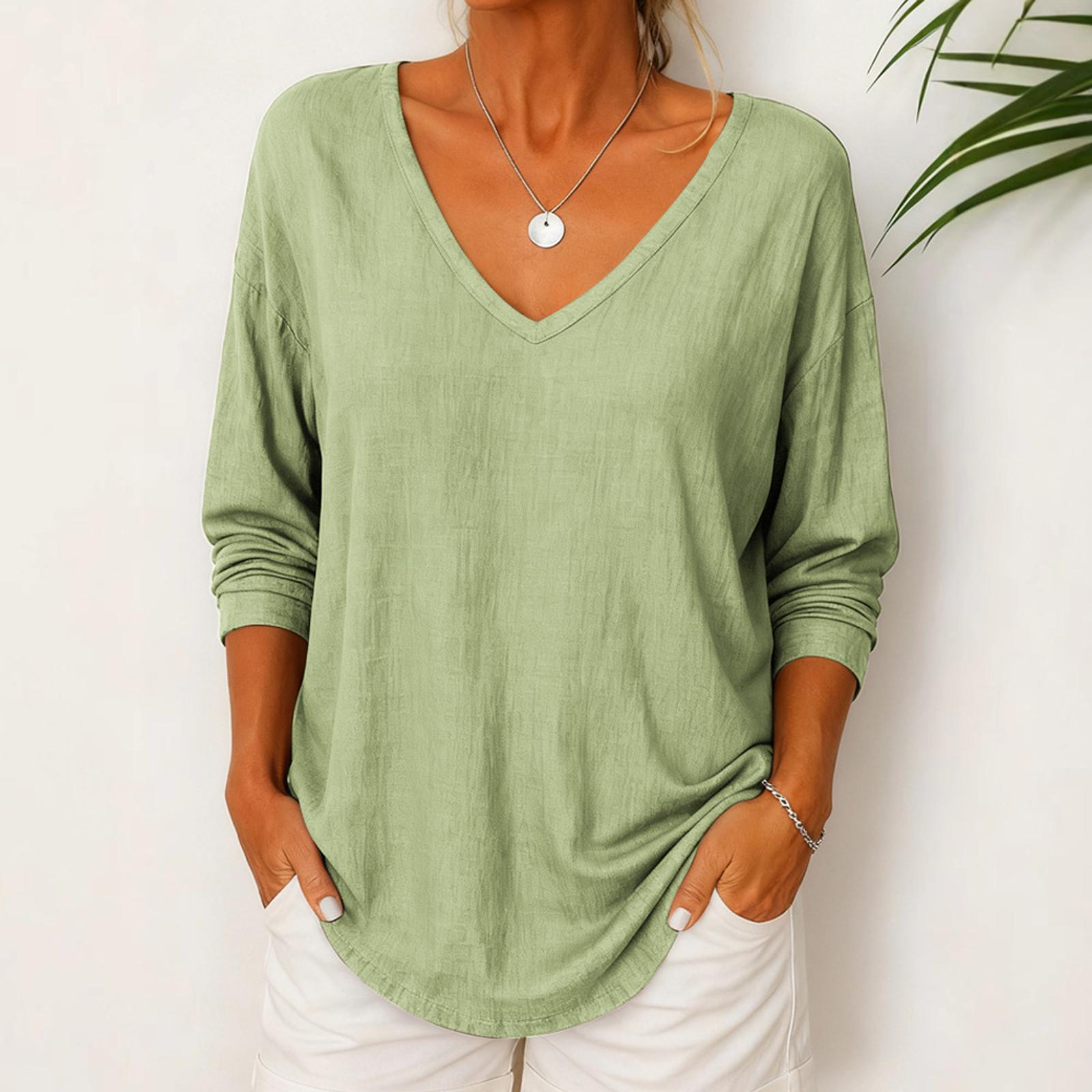 

Women s Fashionable Solid Color V-neck Loose Casual Long Sleeved Pullover T-shirt Top XL