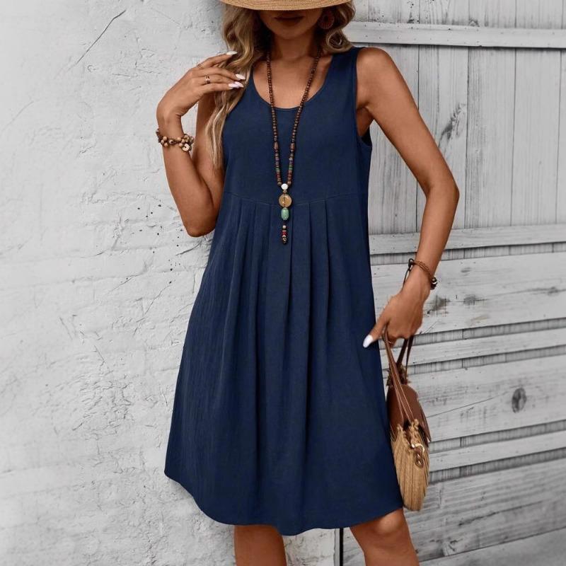 Spring Sleeveless Round Neck Casual Dress Women Summer Solid Fashion Cotton and Linen Loose Women's Dresses Elegant A Line Slim Vintage Dress 26471