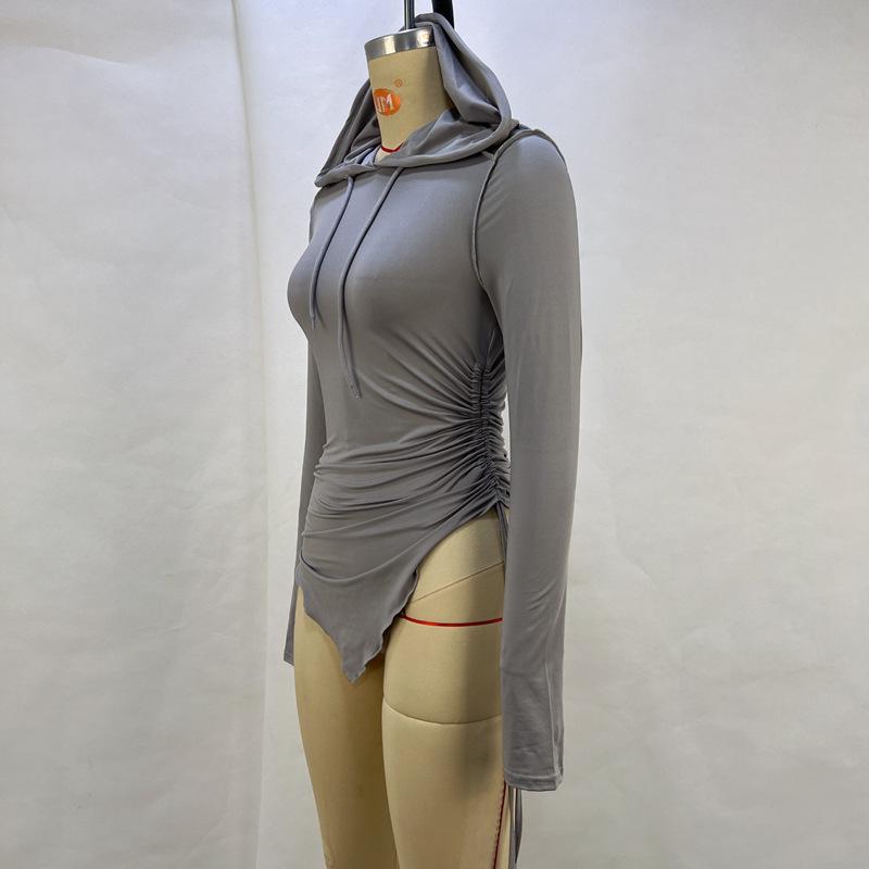 Women's Drawstring Ruffle Irregular Slim Hooded Top