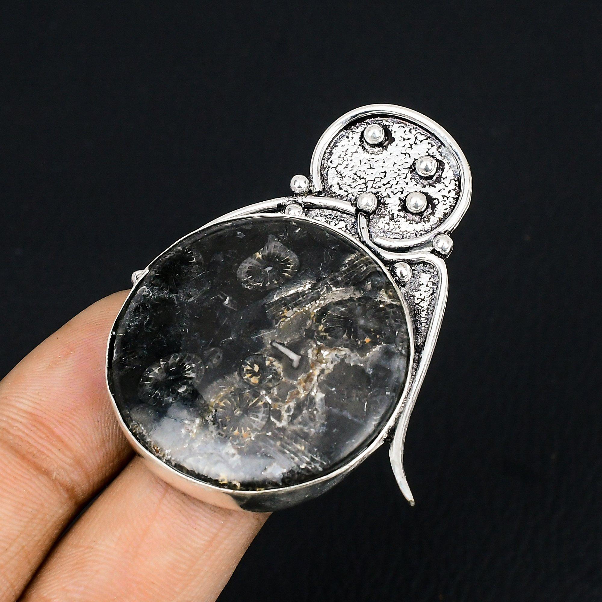 

Black Fossil Coral Gemstone 925 Silver Statement Wedding Ring Jewelry Size 7.5 7.5