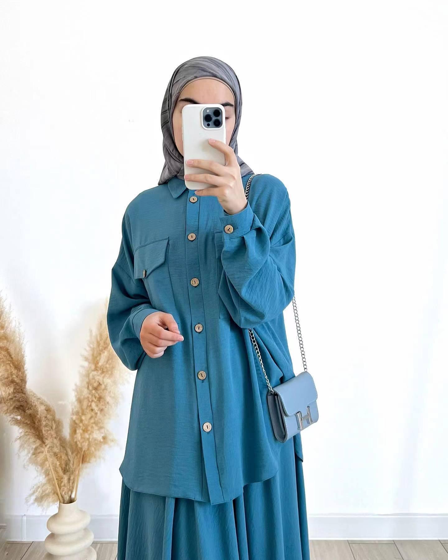 

2024 Spring Women s Muslim Wear: Loose Long-Sleeve Shirt & Midi Skirt Set M