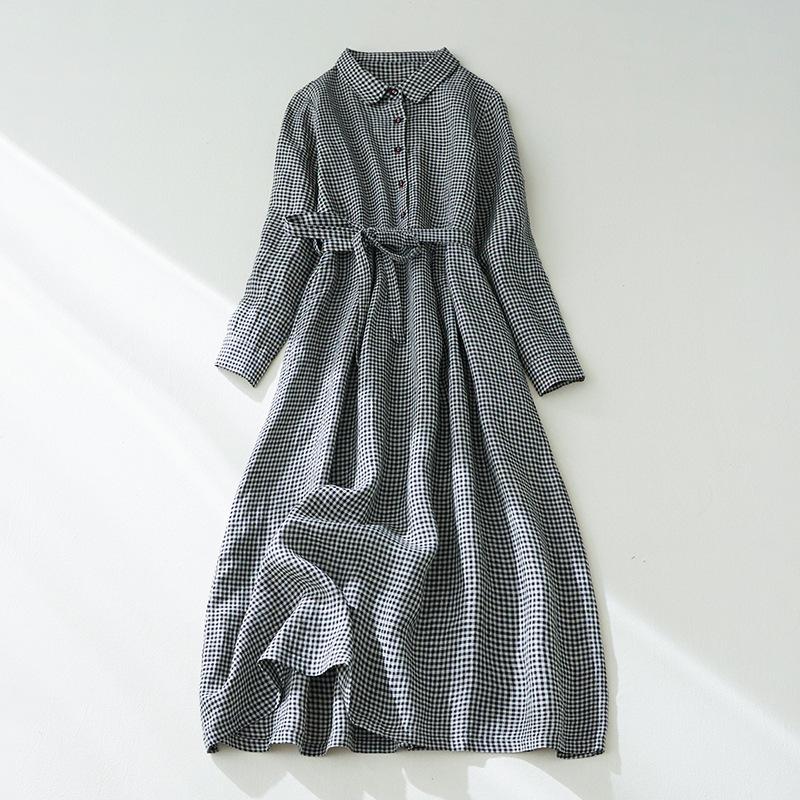 

2025 весна новый ретро свободный модный клетчатый хлопок и лен платье женское поло воротник тонкая талия рубашка юбка M
