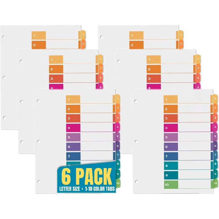 1InTheOffice 3 Ring Binder Dividers with Tabs, 10 Numbered Tabs, 11  x 8.5 , Multi-Color, 6 Pack