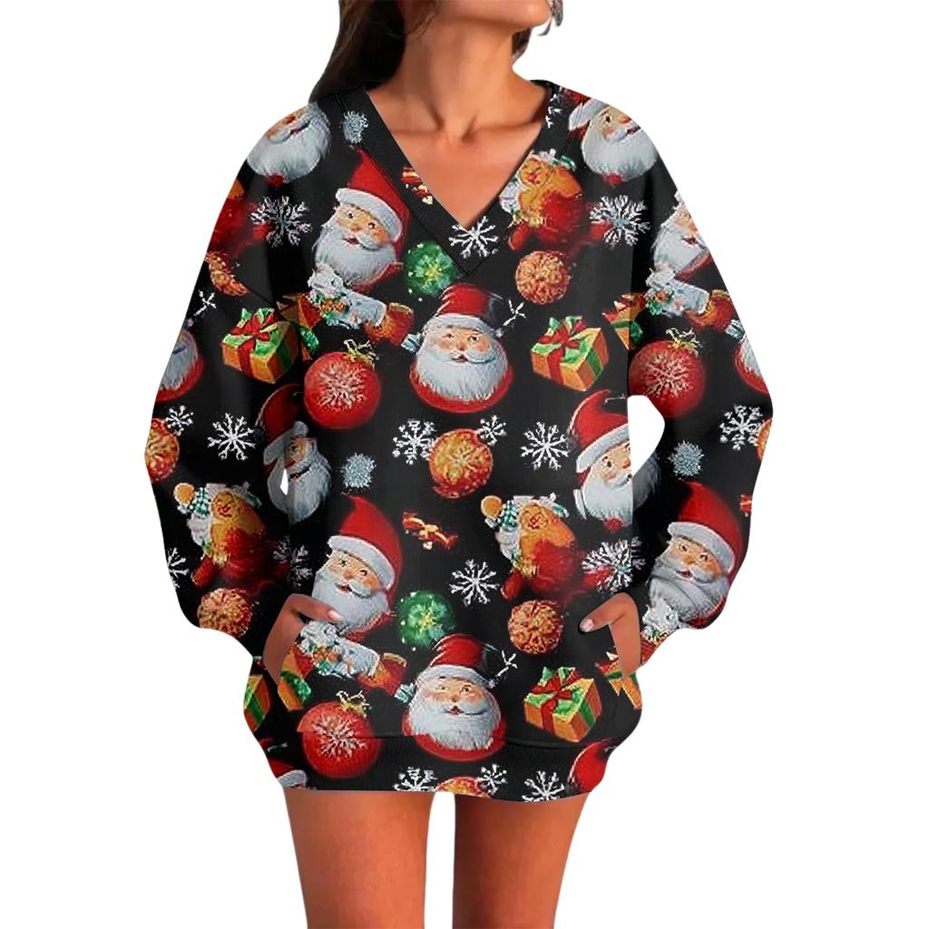 Damtopp med långärmad jultryck och avslappnad design