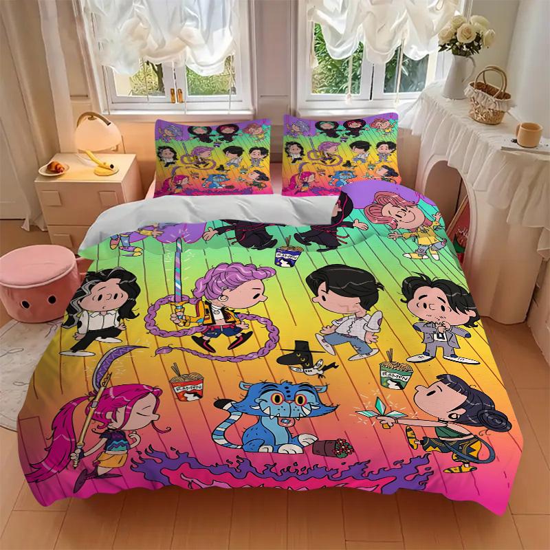3pcs Colorful Cartoon Characters Bedding Set, Includes One Quilt Cover and Two Pillowcases, Bedroom and Guest Room Decoration. T72301133