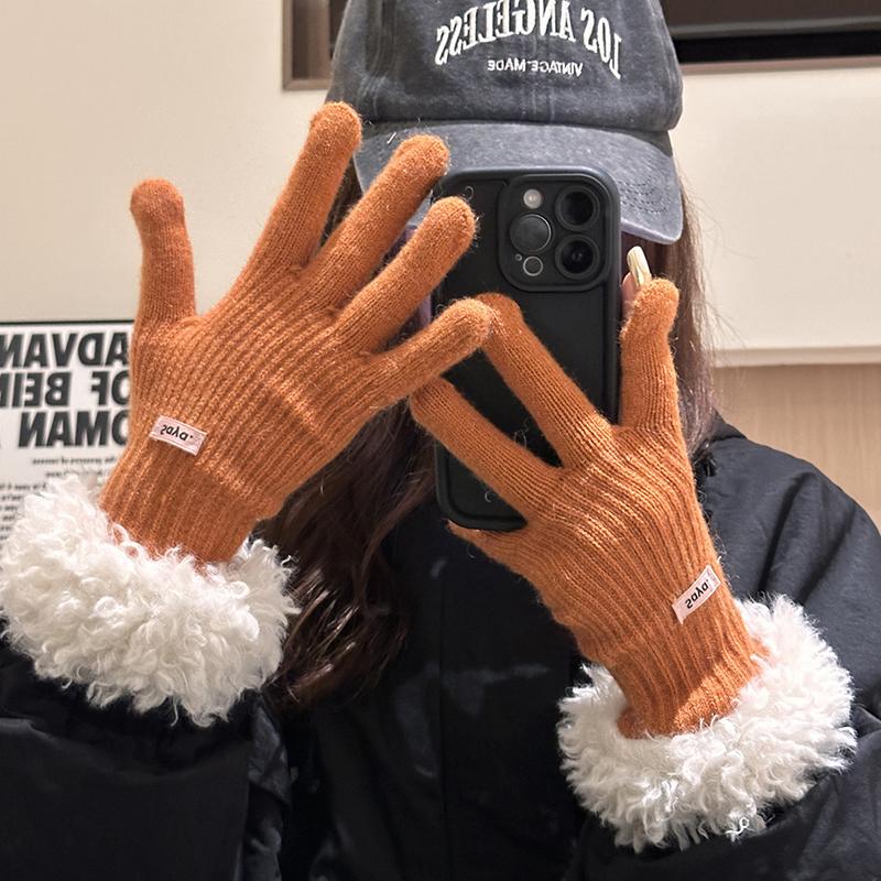 Gants tricotés à écran tactile tendance pour femmes, gants d'hiver chauds à bords en peluche, mitaines de cyclisme de sport coupe-vent, gants en peluche épais et doux au poignet