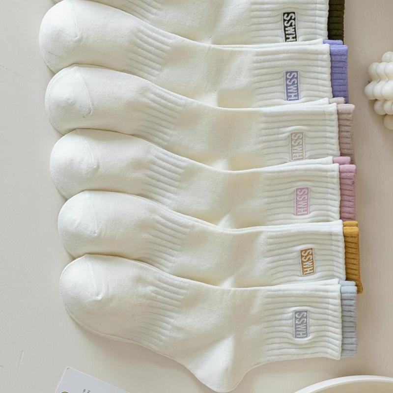 5 Pares Calcetines de Algodón para Mujer Tubo Medio Sin Costuras Transpirables Color Sólido Calcetín Casual