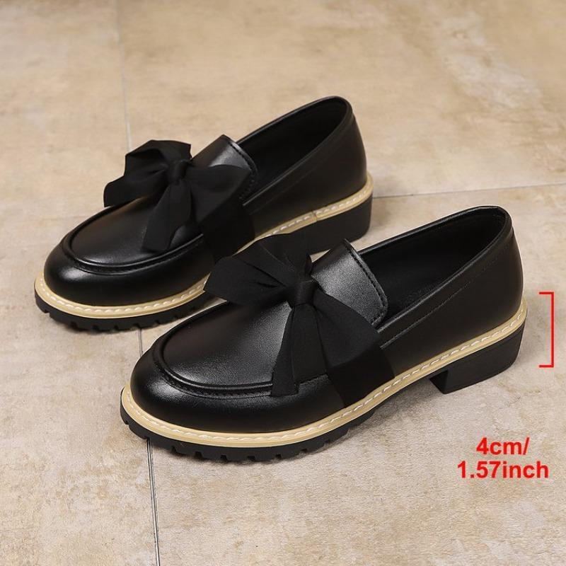 Damen Übergröße Britischer Stil Lackleder Loafers Neue Herbst Schleife Mittelhoch Blockabsatz Schuhe