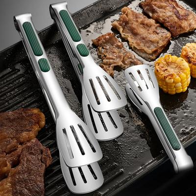 Non-Slip Silicone Handle Food Tongs Hollowed Draining Serving Food Barbecue Grill Bread Clamp Stainless Steel Food Tongs Kitchen Accessories