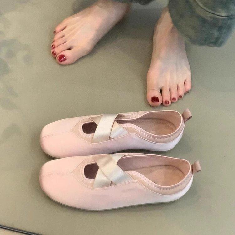 Soft Leather Version~ French Gentle Wind Flat Shoes Crossed Ballet Single Shoes Women's Round Head One Pedal Mary Jane Shoes