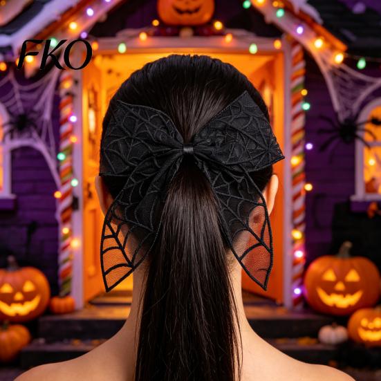 Mesh Bow Hair Clip Halloween Bat Spring Clips, Black White Lace Spider Web Unique Hairpin Barrettes, Gothic Dark Style for Women Cosplay Costume